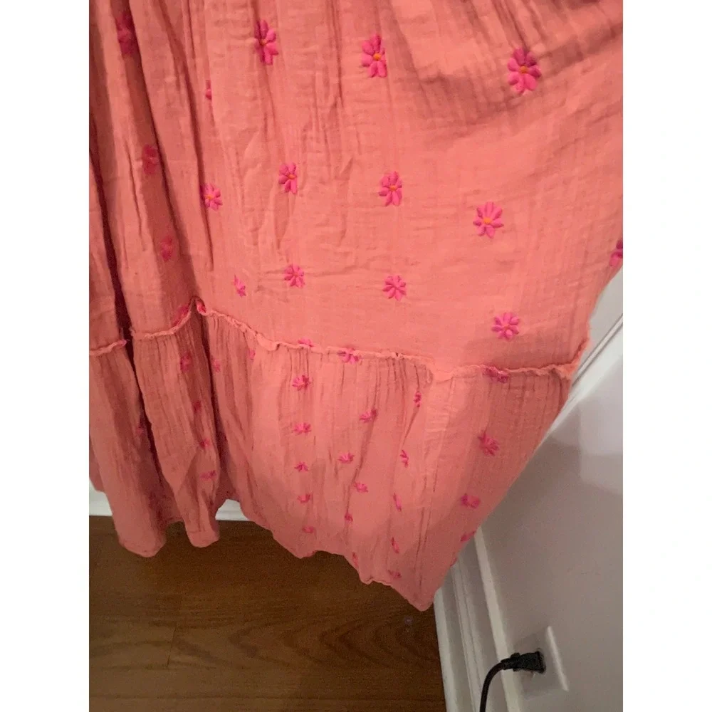Free People XL Dahlia Embroidered Maxi Dress Coral Pink Smocked Puff Sleeve